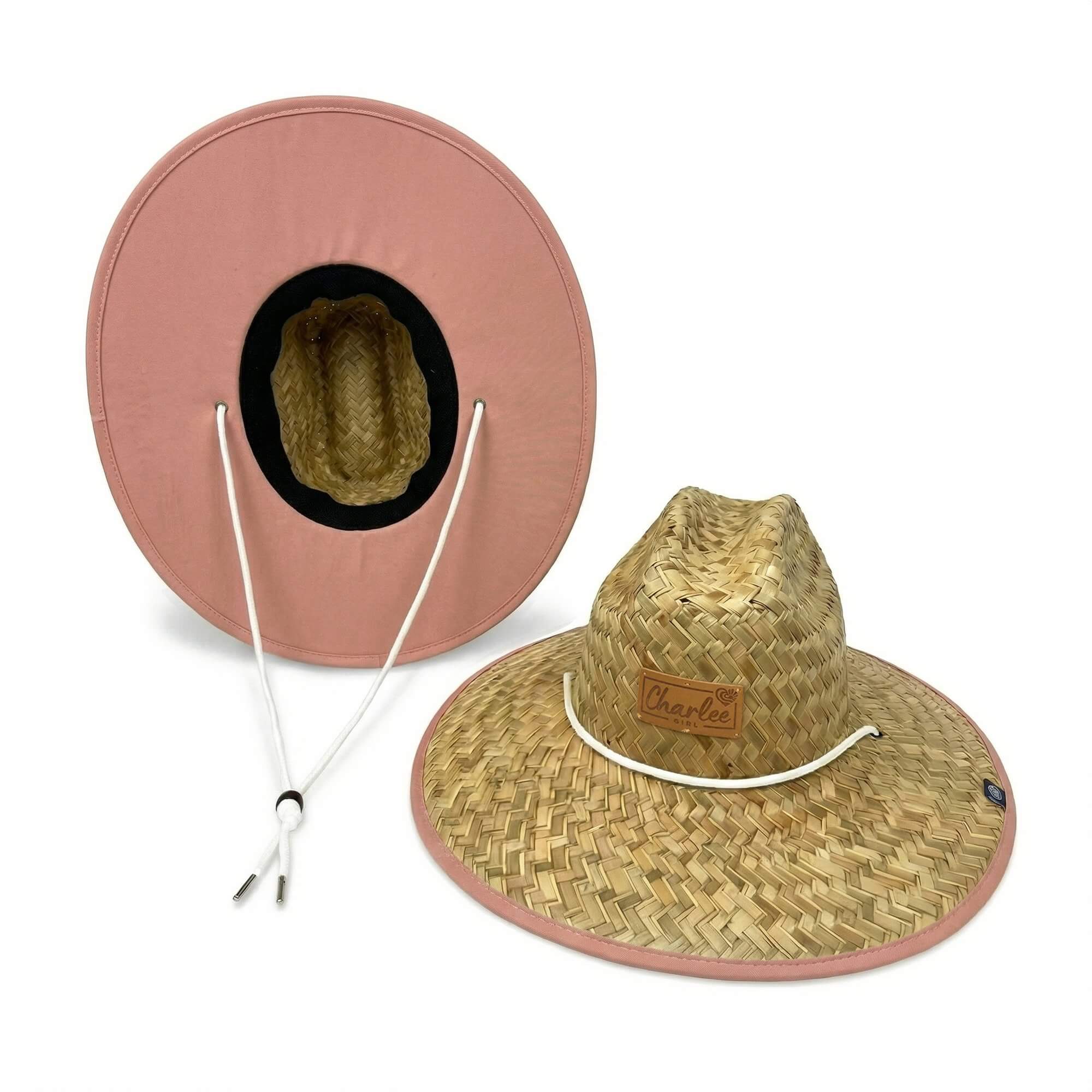 Woman wearing The Rose straw sun hat — dusty rose boho beach hat