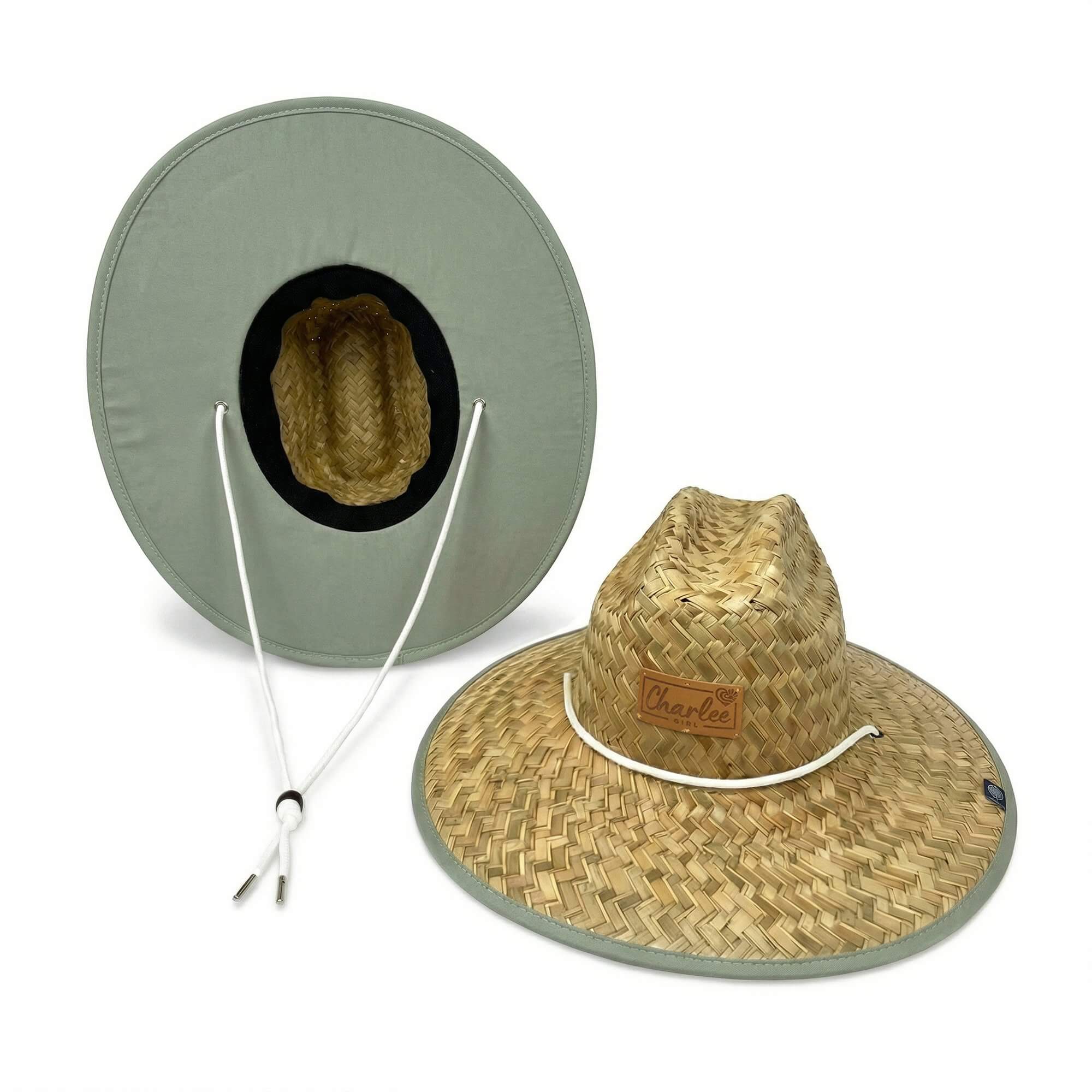 Woman wearing The Sage straw sun hat — sage green boho beach hat