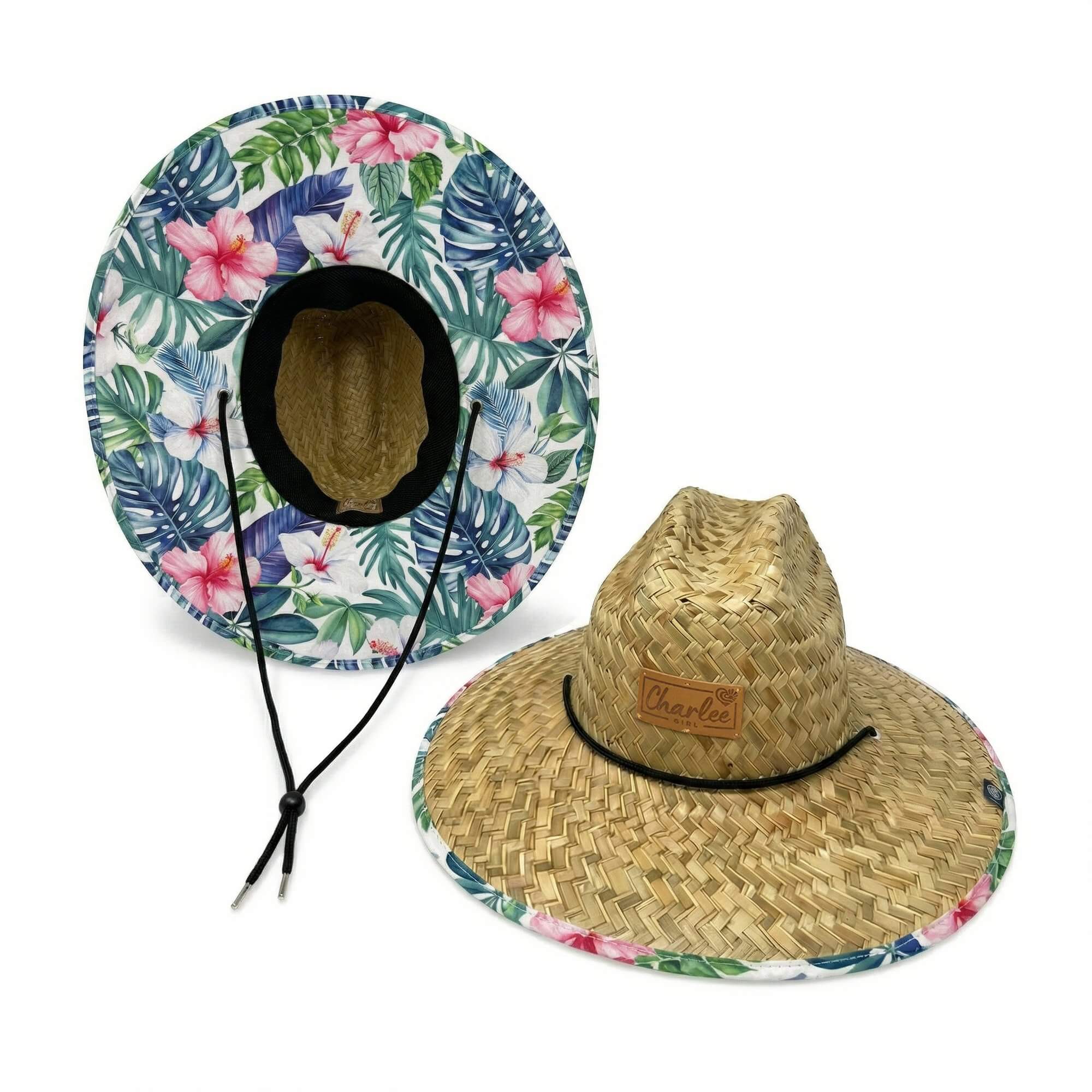 Woman wearing The Tenley straw sun hat — tropical hibiscus boho hat