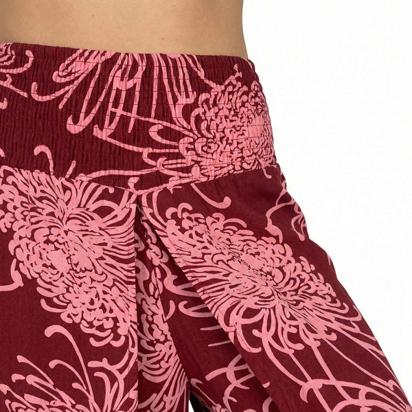 Smooth front waistband on Wild Bloom Dusty Ruby palazzo pants — red floral pants detail