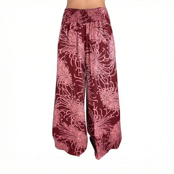 Full length front view of Wild Bloom Dusty Ruby palazzo pants — boho palazzo pants women