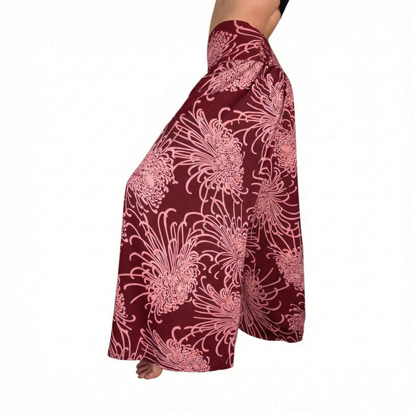 Side slit detail on Wild Bloom Dusty Ruby palazzo pants — red wide leg pants