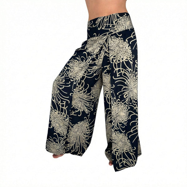 Full length front view of Wild Bloom Obsidian palazzo pants — boho palazzo pants women