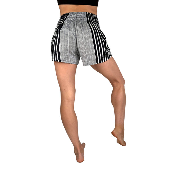 Smocked waistband on Alignment Stripe Obsidian shorts — black striped shorts