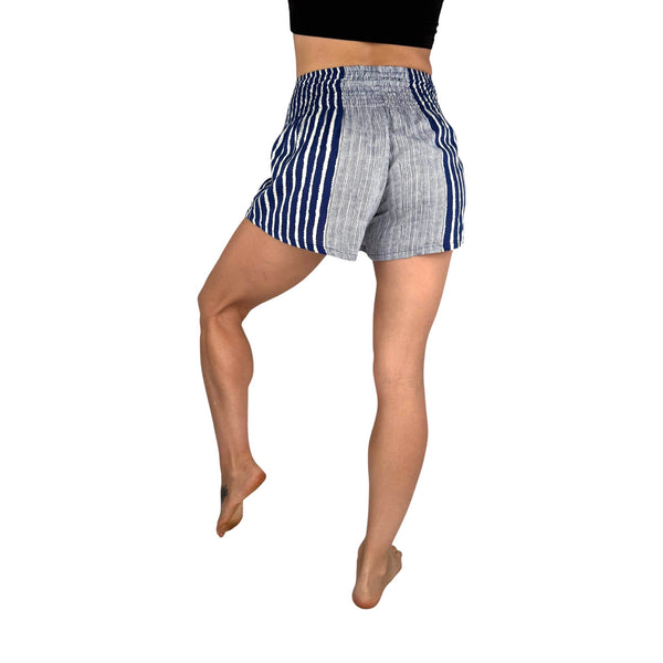 Smocked waistband on Alignment Stripe Ocean Wave shorts — navy striped shorts