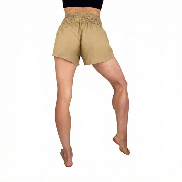 Smocked waistband on Creme shorts — cream smocked waist shorts