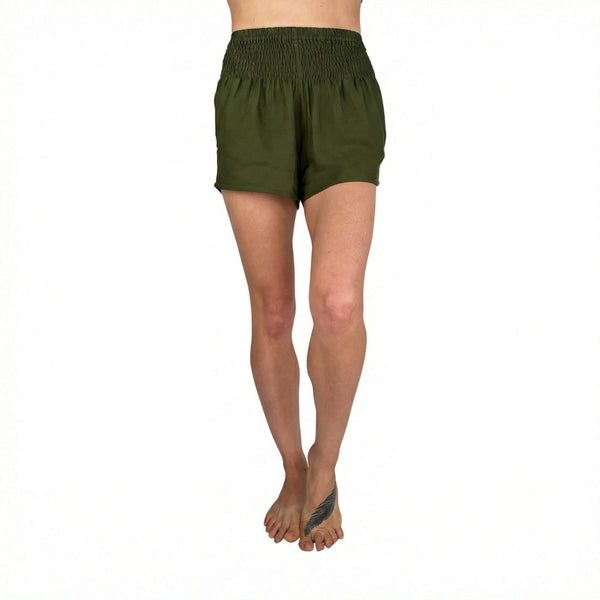 Smocked waistband on Forest Moss shorts — green smocked waist shorts