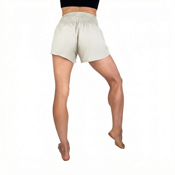 Smocked waistband on Moonlight White shorts — white smocked waist shorts