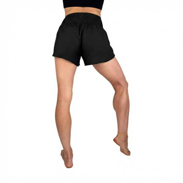 Smocked waistband on Obsidian shorts — black smocked waist shorts
