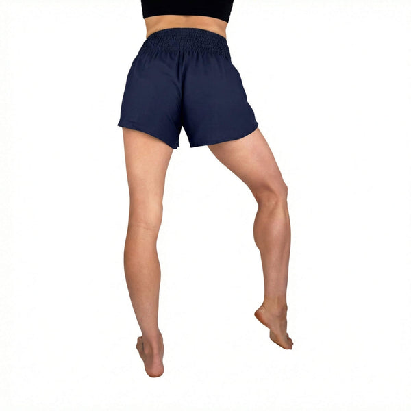Smocked waistband on Ocean Wave shorts — navy smocked waist shorts