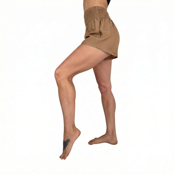 Charlee Girl sandstone boho shorts in rayon viscose — tan shorts women